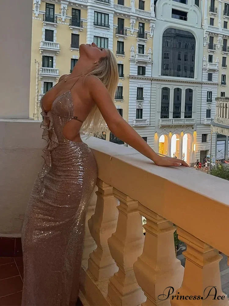 Deep V Neck Sequin Suspender Party Dress