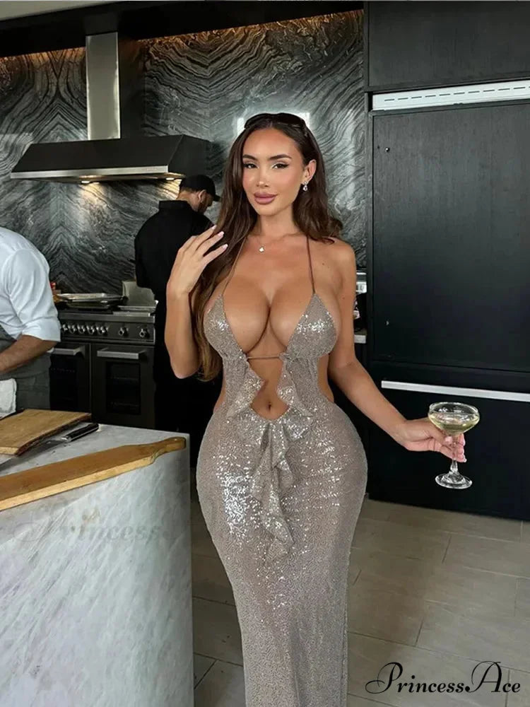 Deep V Neck Sequin Suspender Party Dress