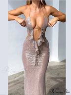 Deep V Neck Sequin Suspender Party Dress