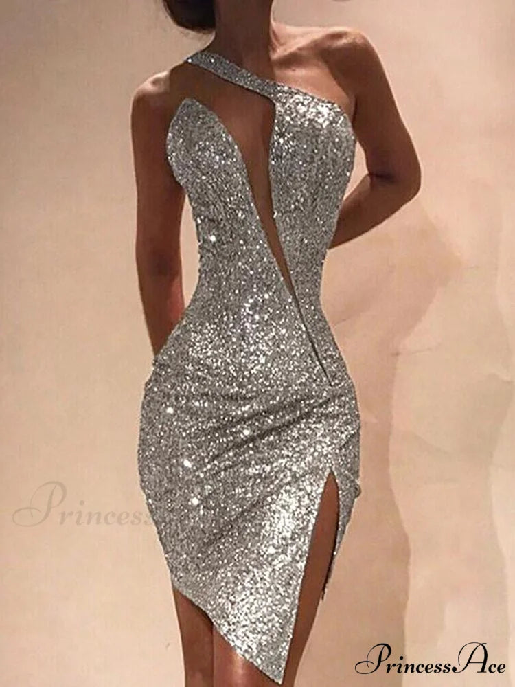 Deep V-Neck Sequined Backless Slit Mini Dress