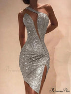 Deep V-Neck Sequined Backless Slit Mini Dress