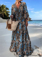 Deep V Neck Waist Drawstring Spring Pattern Vintage Boho Dress