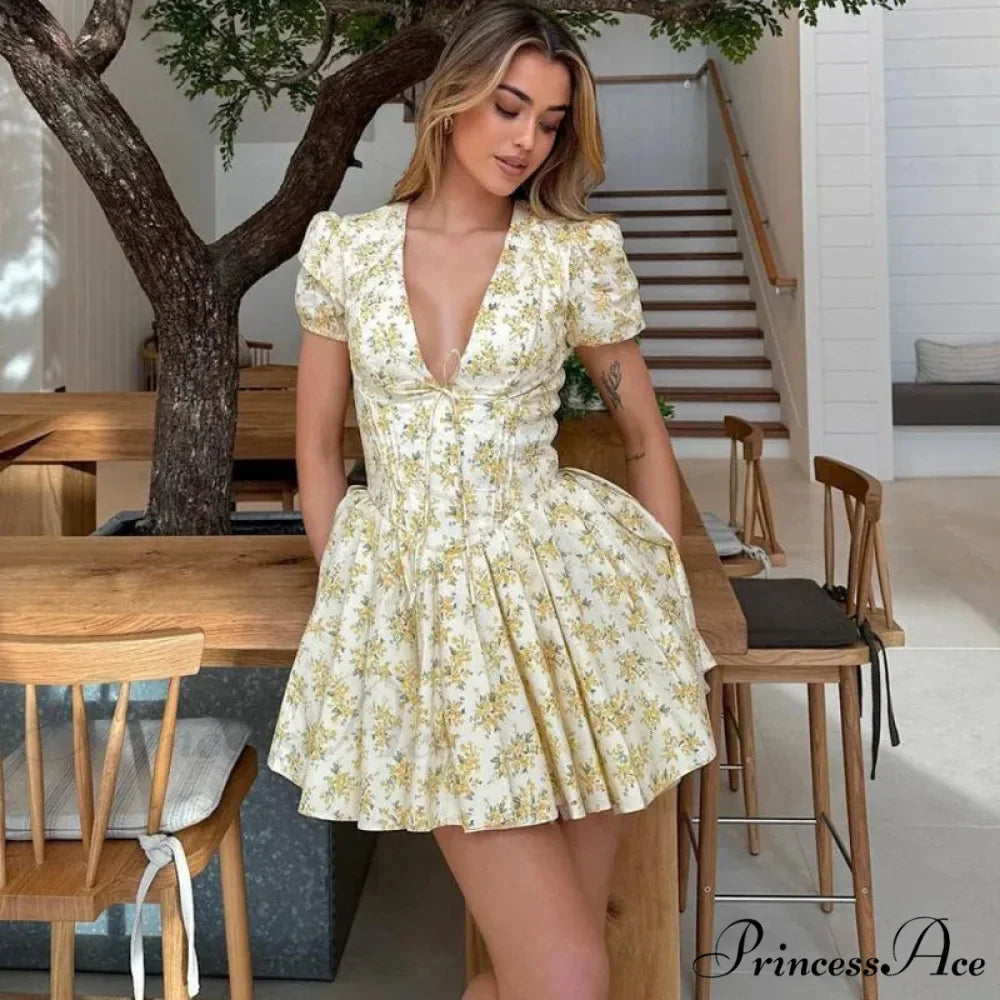 Deep V Short Sleeve Mini Women's Lined Fashion Ball Gown Club Party OutFit Summer Floral Dress