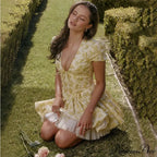 Deep V Short Sleeve Mini Women's Lined Fashion Ball Gown Club Party OutFit Summer Floral Dress