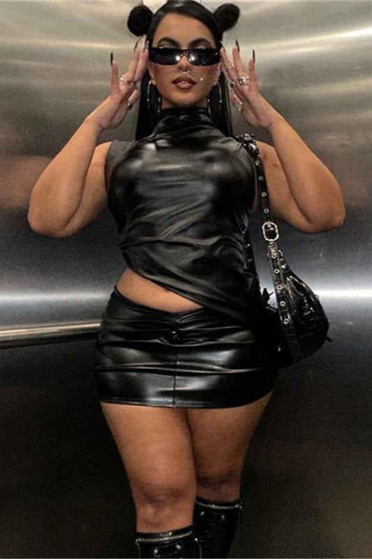 Black PU High Collar Sleeveless Ruched Skirt Two Pieces Set
