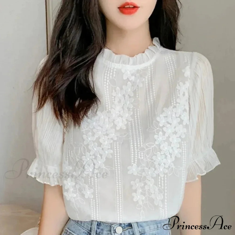 Delicate Chiffon Short Sleeve Embroidered Blouse