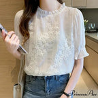 Delicate Chiffon Short Sleeve Embroidered Blouse