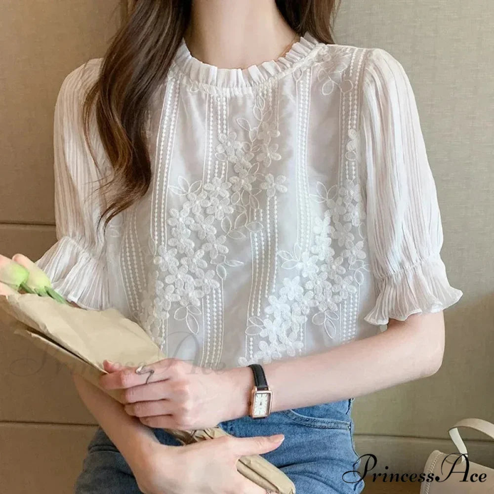 Delicate Chiffon Short Sleeve Embroidered Blouse