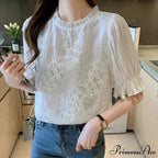 Delicate Chiffon Short Sleeve Embroidered Blouse