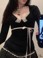 Delightful Bandage Slender Deep V-Neck Lace Trim Knit Top