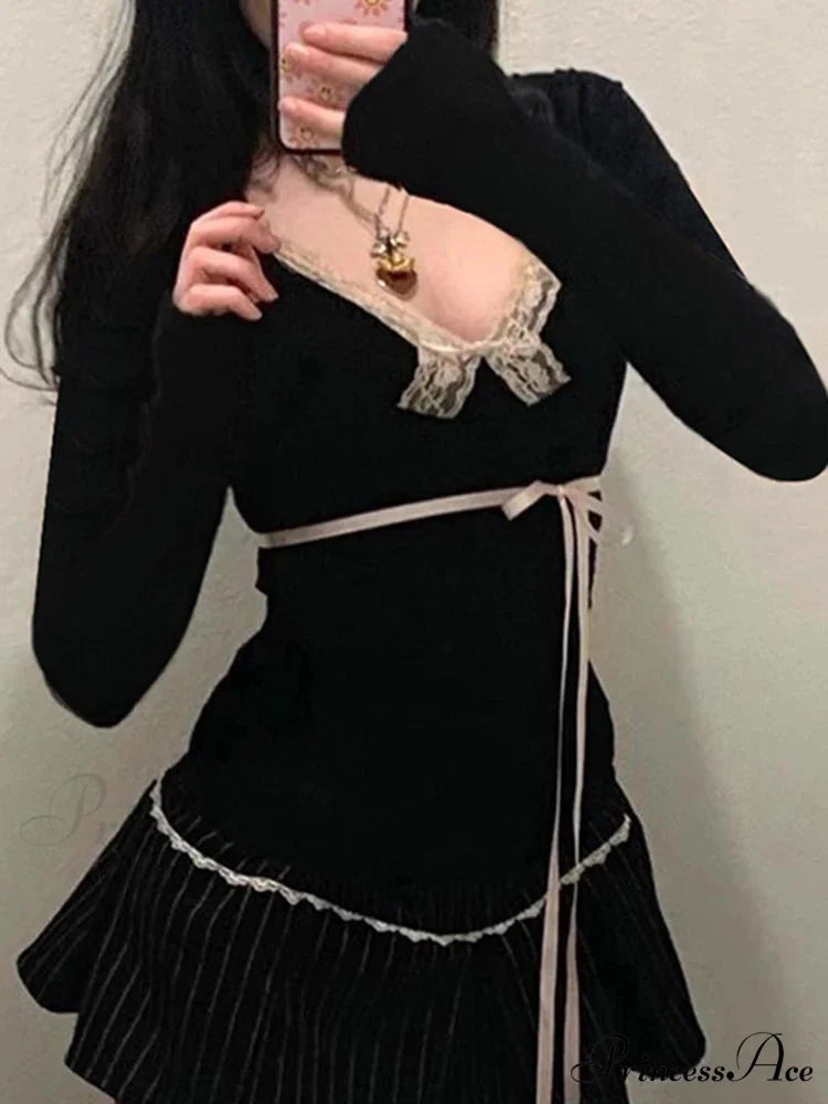 Delightful Bandage Slender Deep V-Neck Lace Trim Knit Top