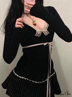 Delightful Bandage Slender Deep V-Neck Lace Trim Knit Top