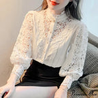 Delightful Hollow Lace Patchwork Button Ivory Blouse