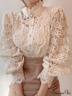 Delightful Hollow Lace Patchwork Button Ivory Blouse