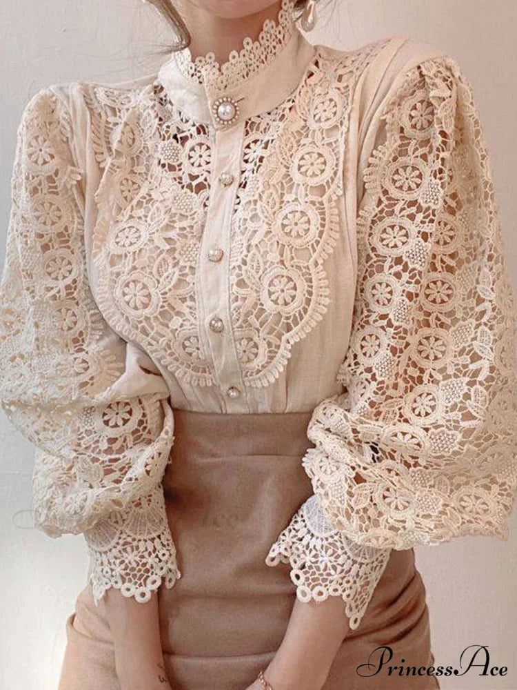 Delightful Hollow Lace Patchwork Button Ivory Blouse