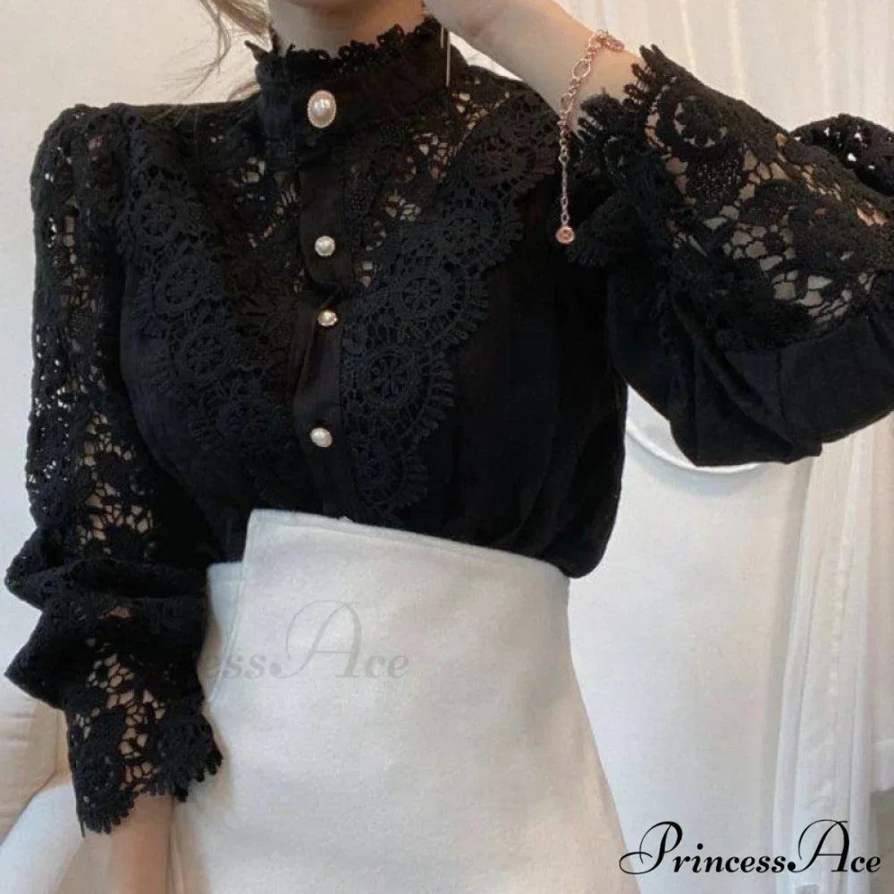 Delightful Hollow Lace Patchwork Button Ivory Blouse