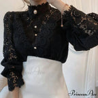 Delightful Hollow Lace Patchwork Button Ivory Blouse