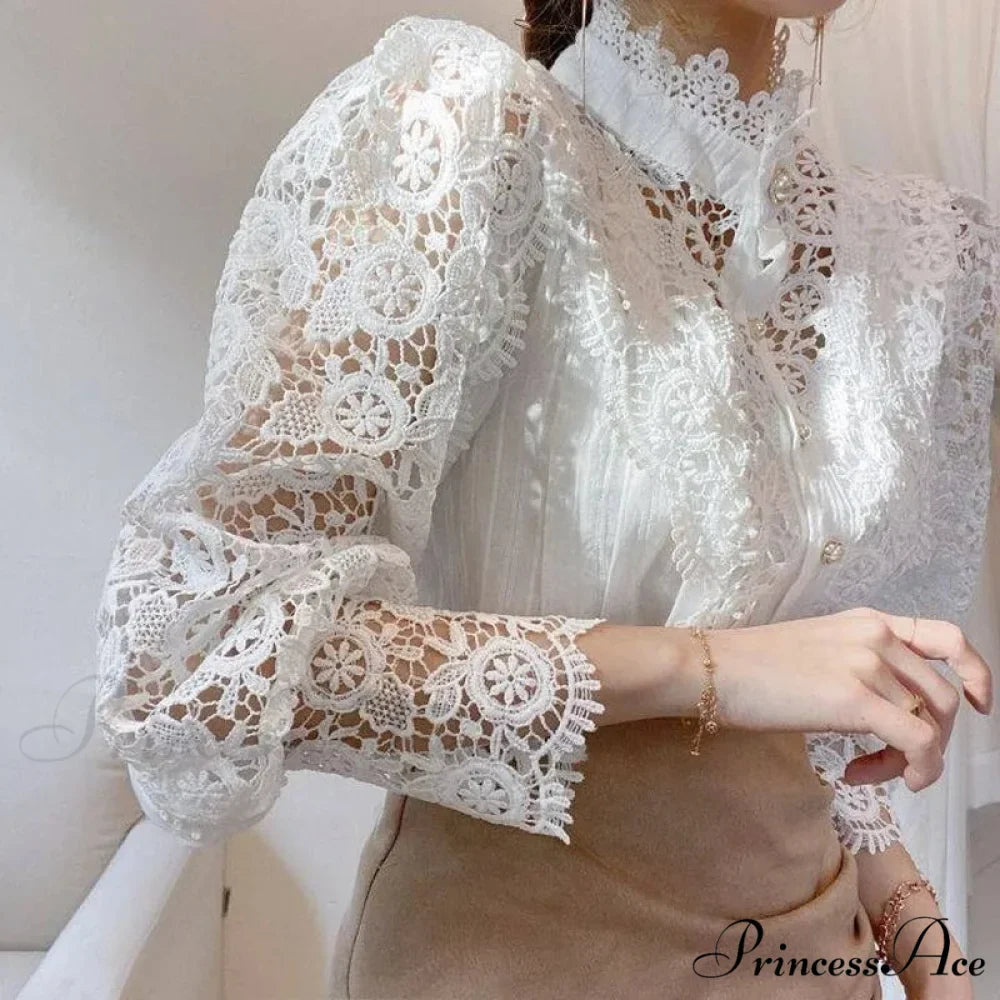 Delightful Hollow Lace Patchwork Button Ivory Blouse
