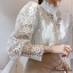 Delightful Hollow Lace Patchwork Button Ivory Blouse