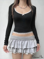 Delightful Lace Trim Cropped Square Collar Long Sleeve Knit Top