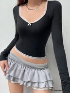 Delightful Lace Trim Cropped Square Collar Long Sleeve Knit Top