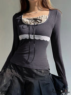 Delightful Patchwork Lace Trim Sleek Bow O-Neck Knit Top