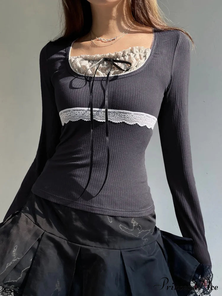 Delightful Patchwork Lace Trim Sleek Bow O-Neck Knit Top