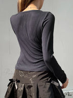 Delightful Patchwork Lace Trim Sleek Bow O-Neck Knit Top