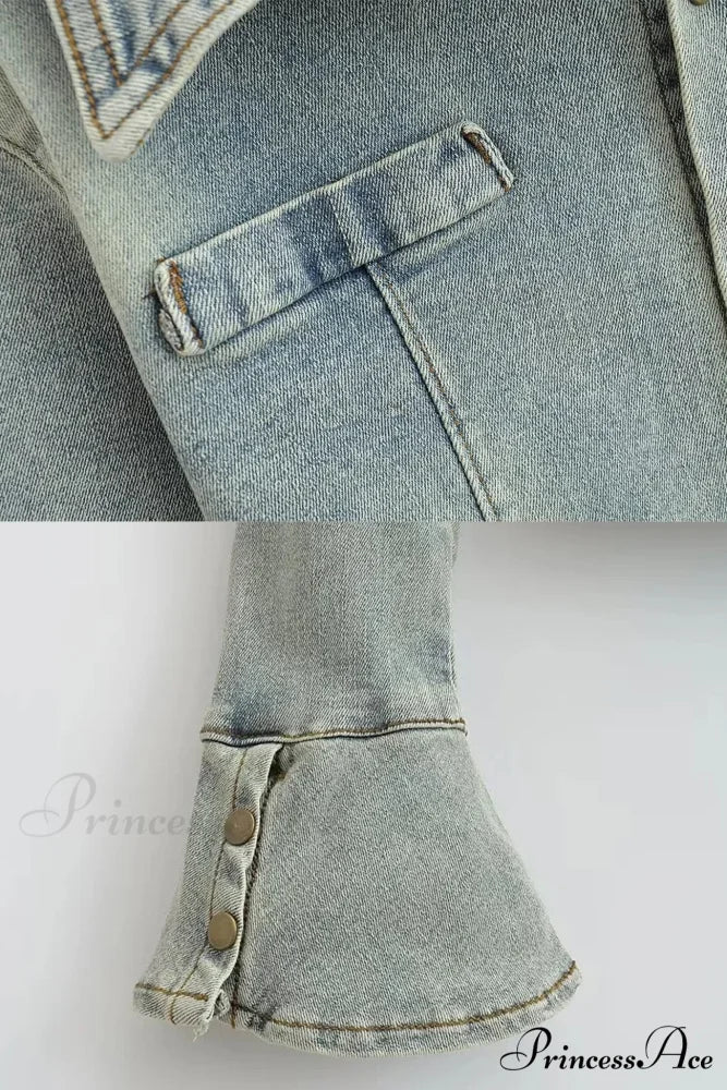 Denim Blouse with Bell Sleeves and Lapel