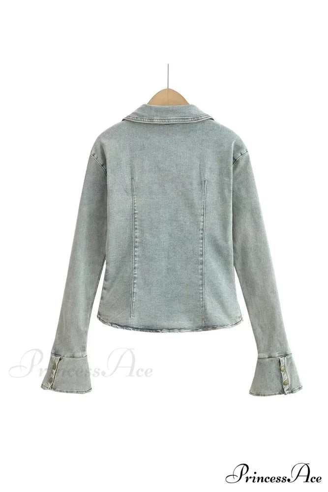 Denim Blouse with Bell Sleeves and Lapel