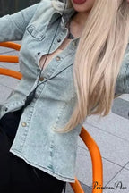 Denim Blouse with Bell Sleeves and Lapel
