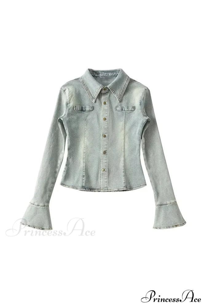 Denim Blouse with Bell Sleeves and Lapel