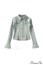 Denim Blouse with Bell Sleeves and Lapel