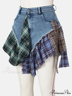 Denim Patchwork Graceful Plaid Shorts