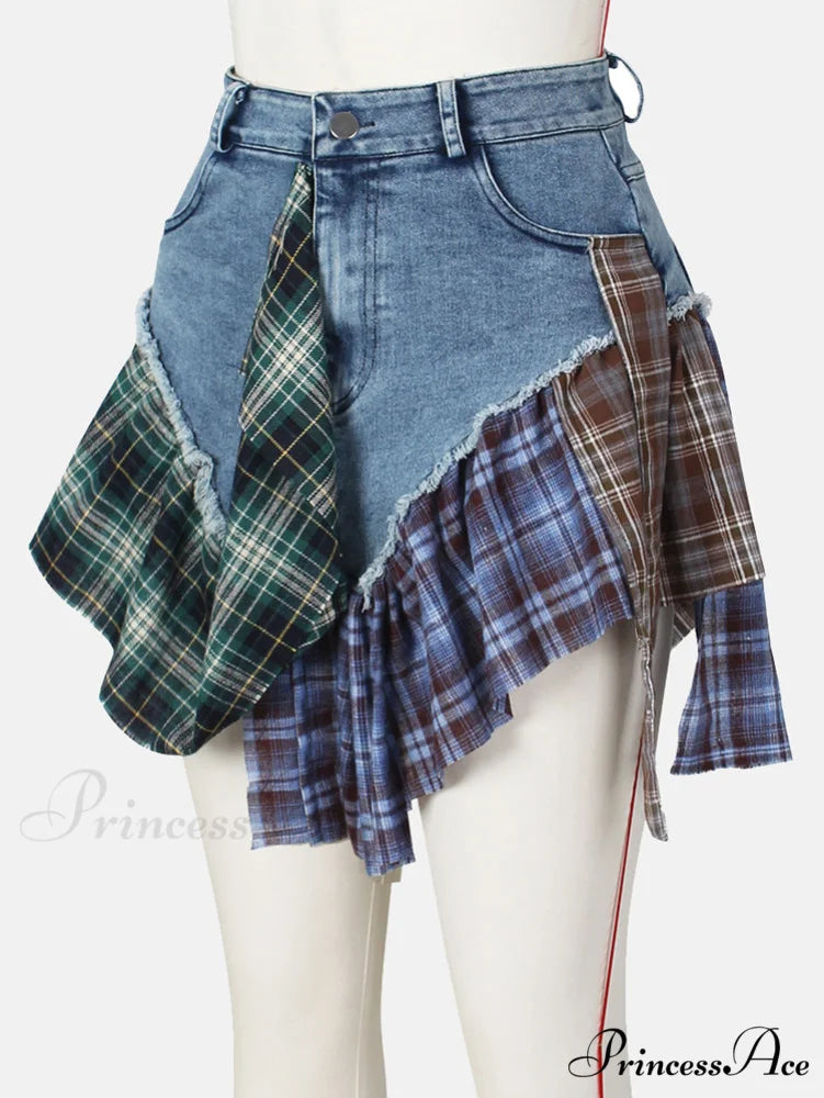 Denim Patchwork Graceful Plaid Shorts
