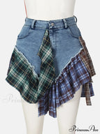 Denim Patchwork Graceful Plaid Shorts