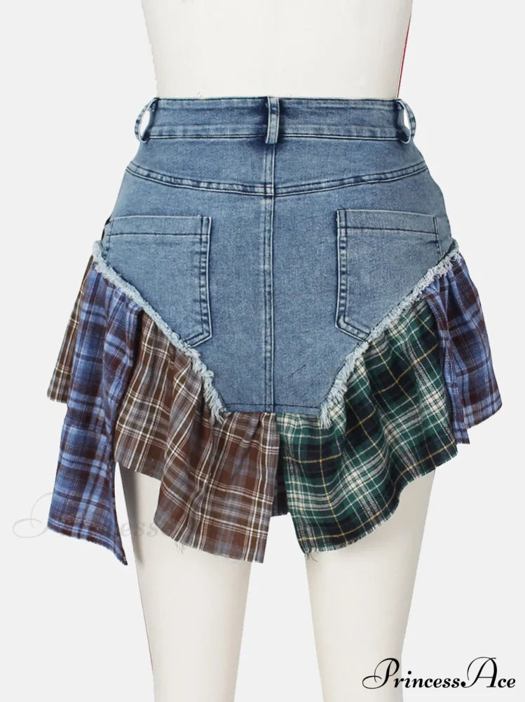 Denim Patchwork Graceful Plaid Shorts