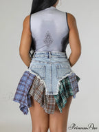 Denim Patchwork Graceful Plaid Shorts