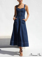 Denim Suspender Casual Charming Button Midi Dress