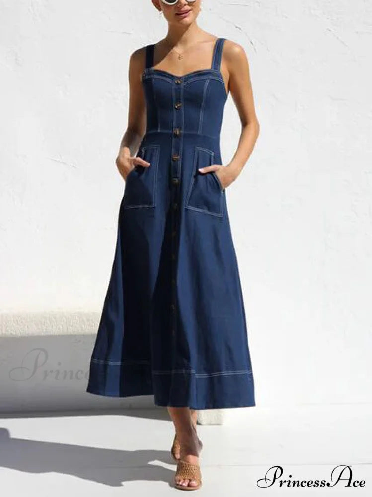Denim Suspender Casual Charming Button Midi Dress