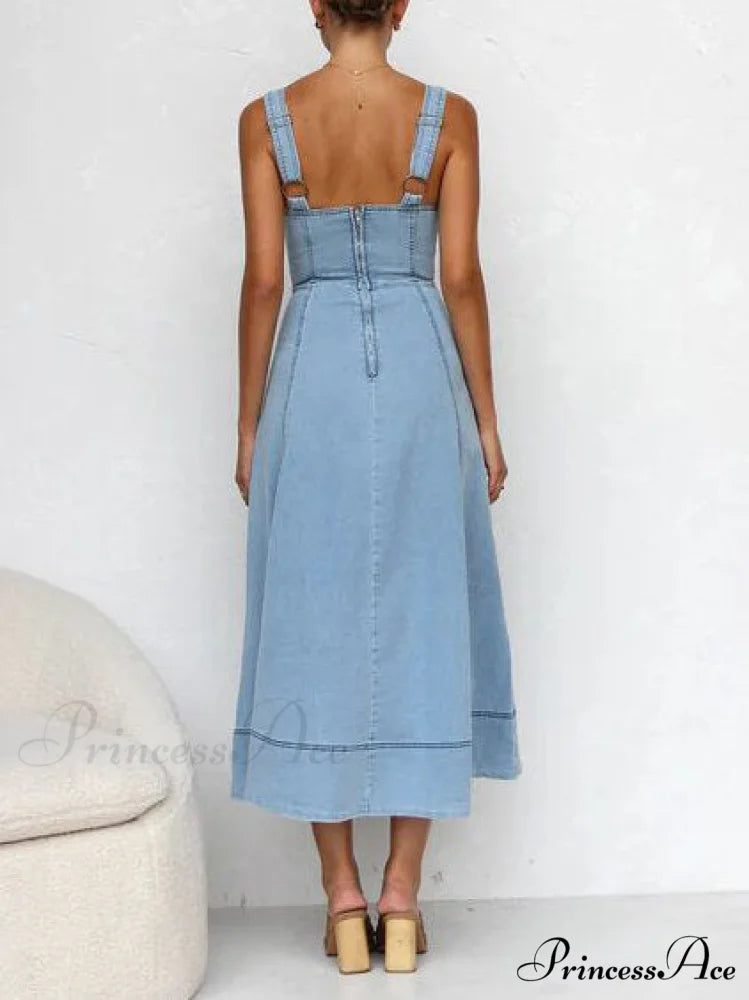 Denim Suspender Casual Charming Button Midi Dress