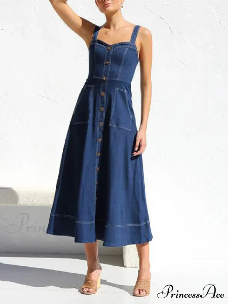 Denim Suspender Casual Charming Button Midi Dress