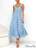 Denim Suspender Casual Charming Button Midi Dress