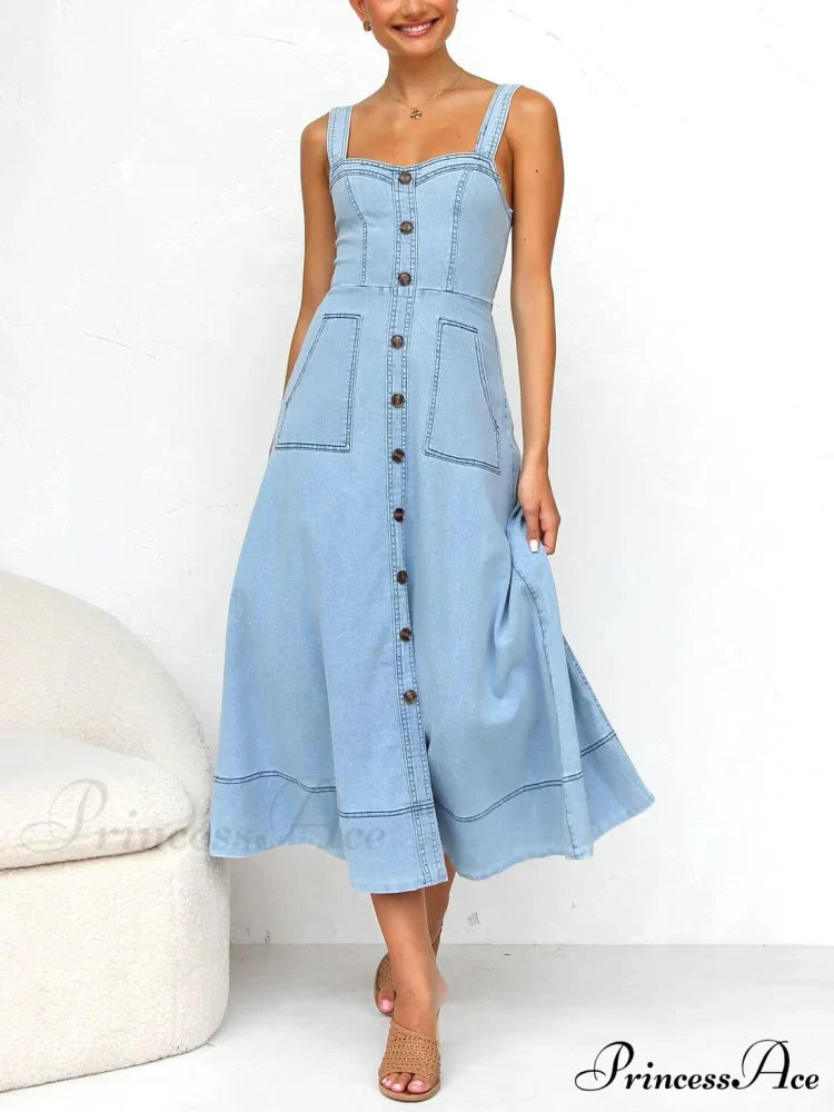 Denim Suspender Casual Charming Button Midi Dress