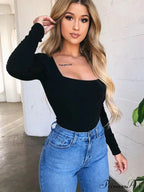 Dense Quadrilateral Neck Extended Sleeve Trim Fit Knit Top