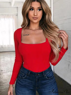 Dense Quadrilateral Neck Extended Sleeve Trim Fit Knit Top