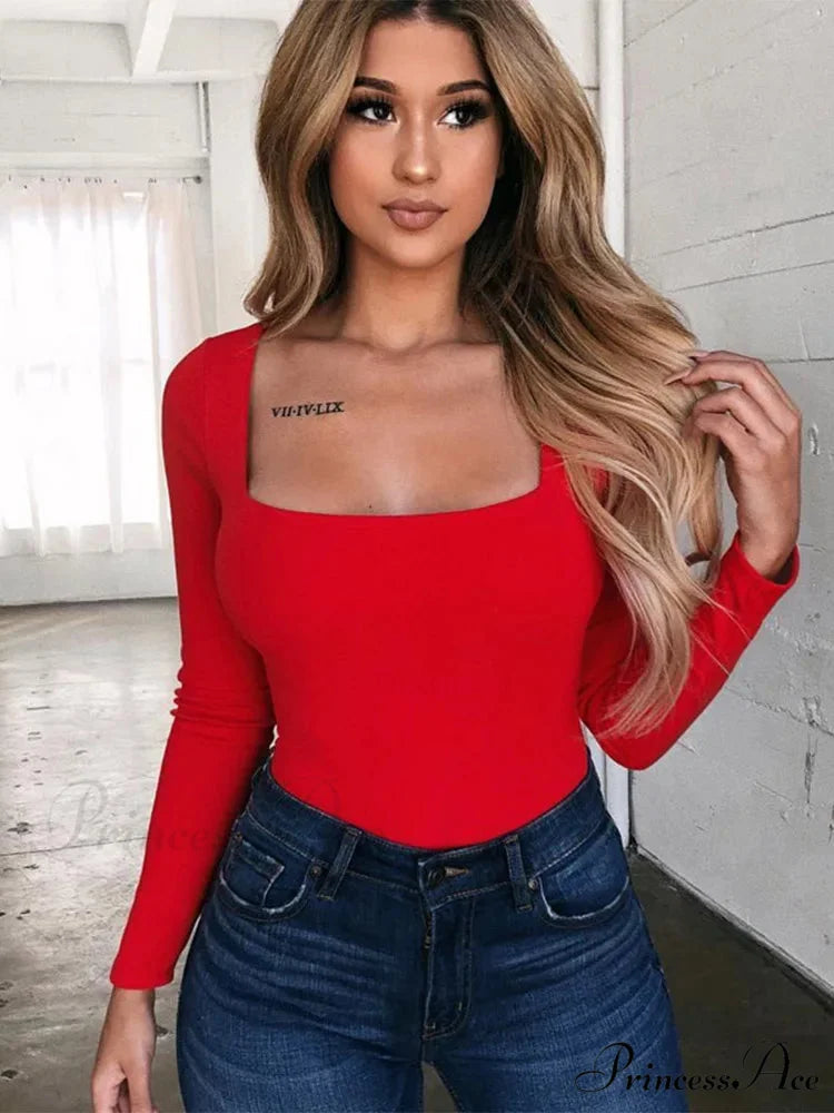 Dense Quadrilateral Neck Extended Sleeve Trim Fit Knit Top