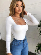 Dense Quadrilateral Neck Extended Sleeve Trim Fit Knit Top