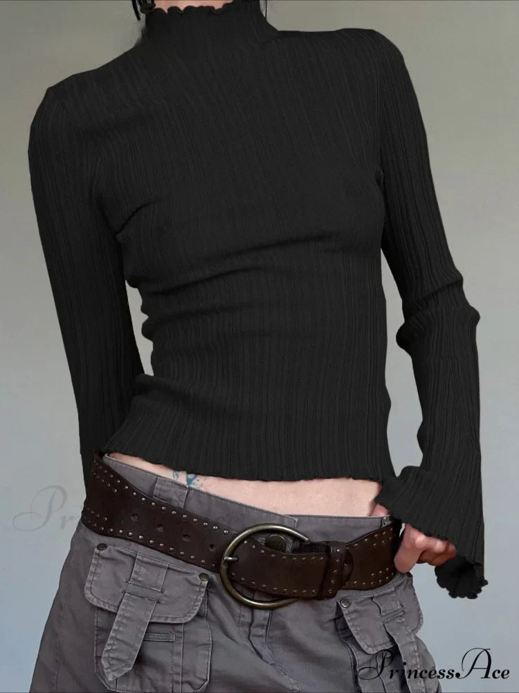 Dense Turtleneck Sleek Flare Sleeve Extended Sleeve Knit Top