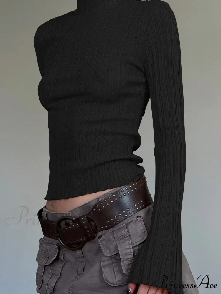 Dense Turtleneck Sleek Flare Sleeve Extended Sleeve Knit Top